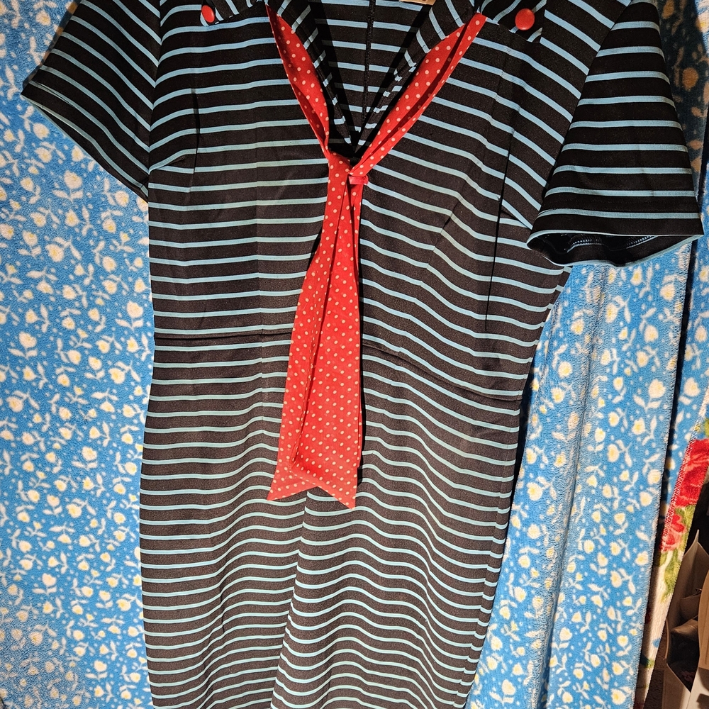 Tatyana Striped Black and Blue Dress with Red Tie Accent ROCKABILY PINUP